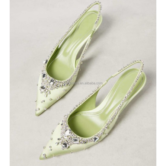 Wedding Sexy Rhinestone Crystal Sandals Prom Shoes Stiletto Heel Dress Satin Crystal Slingback Wedding Party Pumps with Crystals