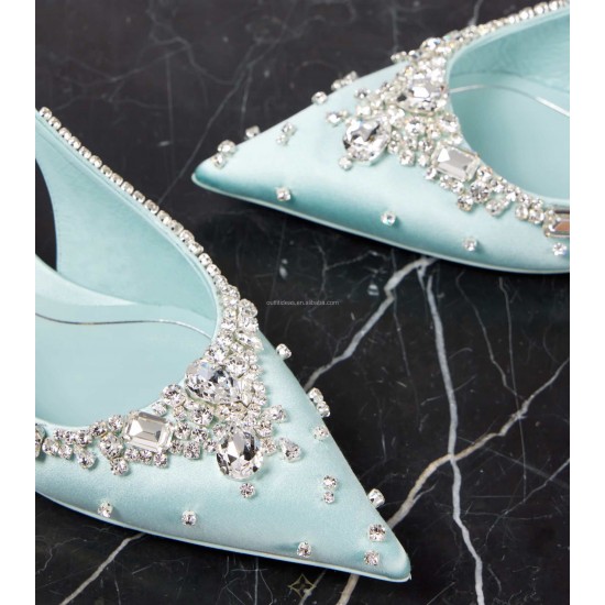 Wedding Sexy Rhinestone Crystal Sandals Prom Shoes Stiletto Heel Dress Satin Crystal Slingback Wedding Party Pumps with Crystals