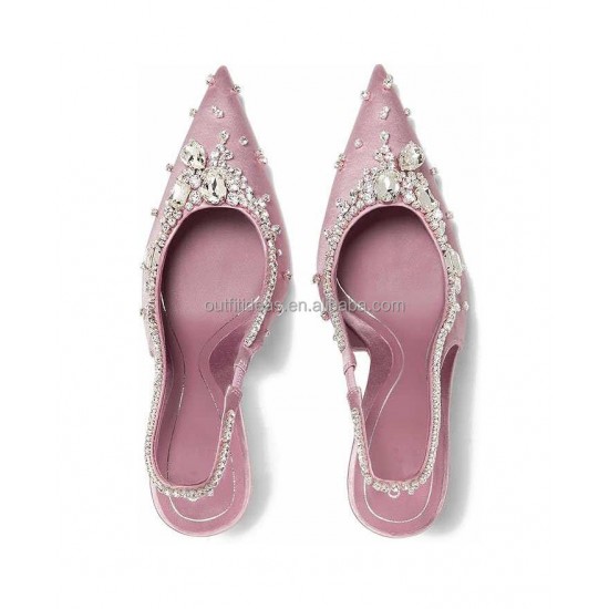 Wedding Sexy Rhinestone Crystal Sandals Prom Shoes Stiletto Heel Dress Satin Crystal Slingback Wedding Party Pumps with Crystals