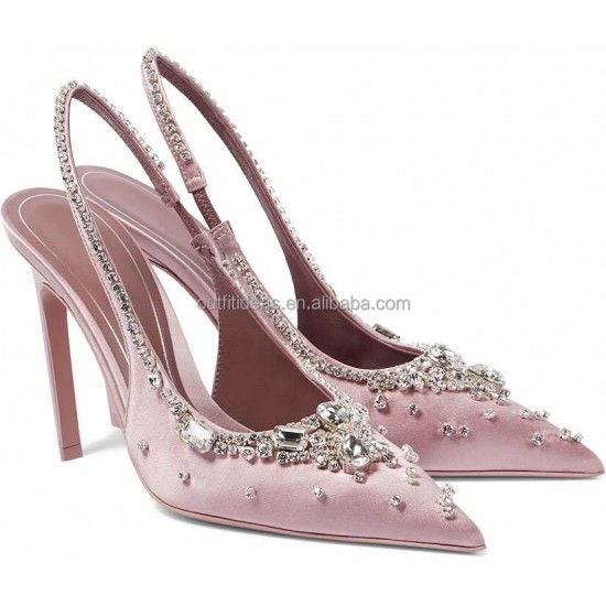 Wedding Sexy Rhinestone Crystal Sandals Prom Shoes Stiletto Heel Dress Satin Crystal Slingback Wedding Party Pumps with Crystals