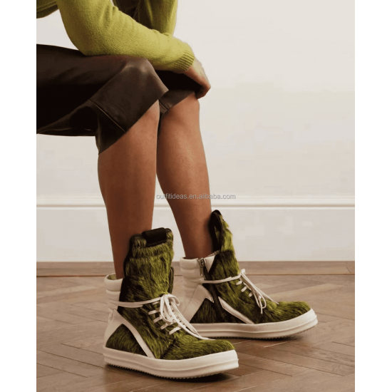Unisex Chunky Sneakers Unisex Men Oversized Green Hair Boot Ankle Dress Shoes Calf Hair Leather Extended High-top Sneakers