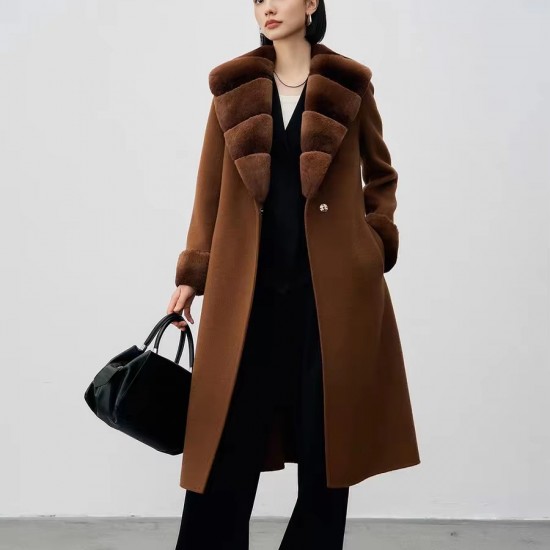 Women Winter Fashion Soft Rabbit Fur Collar Long Sleeves Drop Shoulder Double Sided Wool Brown Long Coat