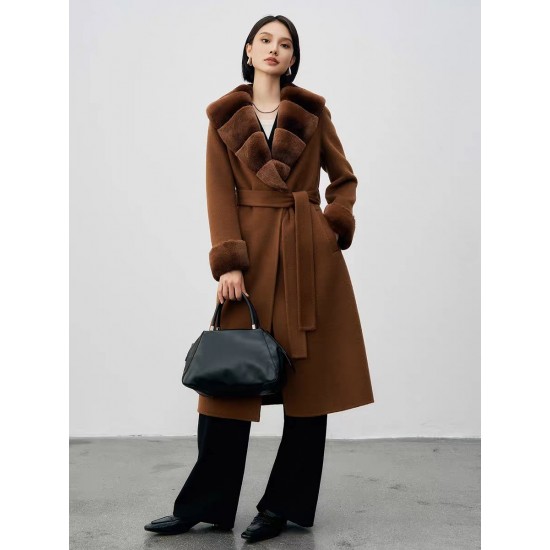 Women Winter Fashion Soft Rabbit Fur Collar Long Sleeves Drop Shoulder Double Sided Wool Brown Long Coat