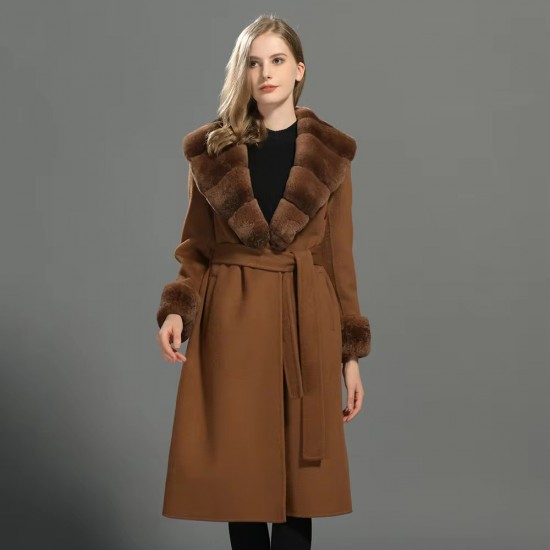 Women Winter Fashion Soft Rabbit Fur Collar Long Sleeves Drop Shoulder Double Sided Wool Brown Long Coat