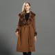 Women Winter Fashion Soft Rabbit Fur Collar Long Sleeves Drop Shoulder Double Sided Wool Brown Long Coat