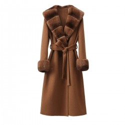 Women Winter Fashion Soft Rabbit Fur Collar Long Sleeves Drop Shoulder Double Sided Wool Brown Long Coat