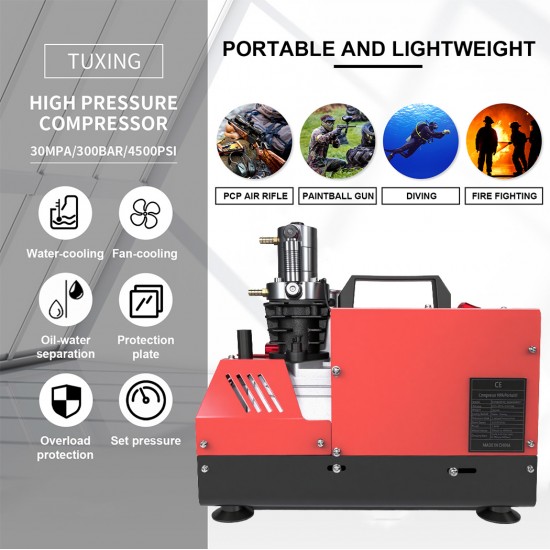 TUXING Auto Stop 300bar New Design 4500Psi 30Mpa 110V 220V High Pressure Outdoor PCP Hunting Air Compressor for Paintball Game