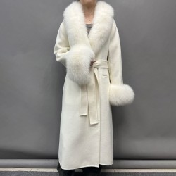 Windproof Fox Fur Collar Cuffs Handmade Double Sided Cashmere Coats Winter Long Trench Wool Coats for Women