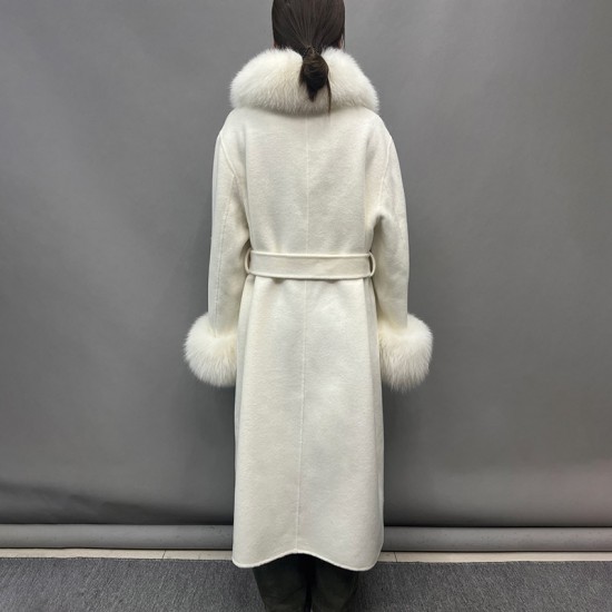 Windproof Fox Fur Collar Cuffs Handmade Double Sided Cashmere Coats Winter Long Trench Wool Coats for Women