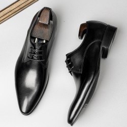 Pointed-toe shoes for men in business formal wear, Derby style, black, high-end genuine leather, wedding groom shoes