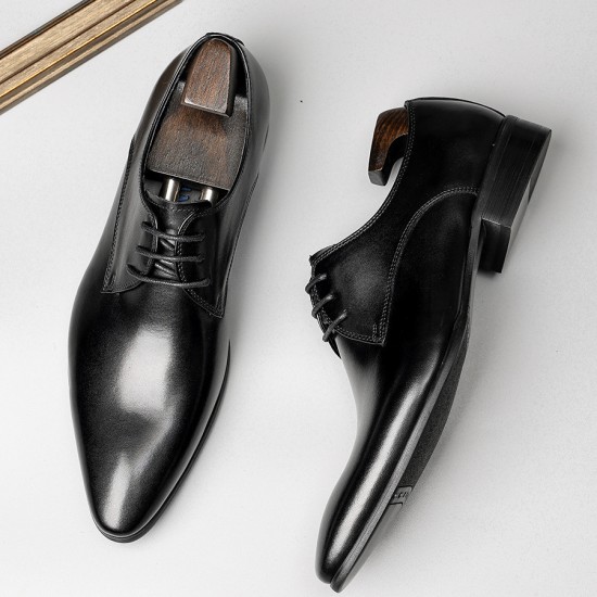 Pointed-toe shoes for men in business formal wear, Derby style, black, high-end genuine leather, wedding groom shoes