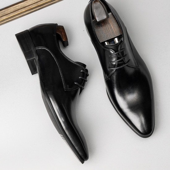 Pointed-toe shoes for men in business formal wear, Derby style, black, high-end genuine leather, wedding groom shoes