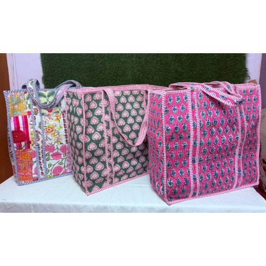 20pcs Large Cotton Quilted Boho Travel Bag for Women Handmade Shoulder Purse Open Floral Weekender Block Print Tote Bag Chain