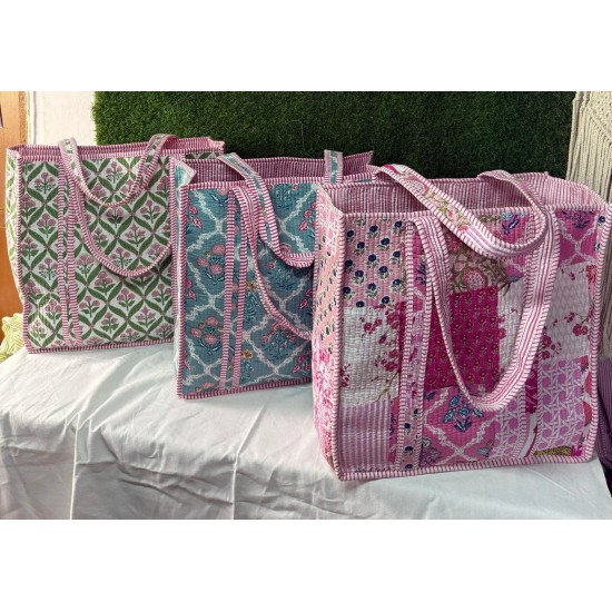 20pcs Large Cotton Quilted Boho Travel Bag for Women Handmade Shoulder Purse Open Floral Weekender Block Print Tote Bag Chain