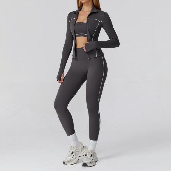 Hot Sale Sportswear Running Fitness Yoga Clothes Breathable Gym Sets With Full Zipper Jacket 3 Pcs Yoga Set for Women