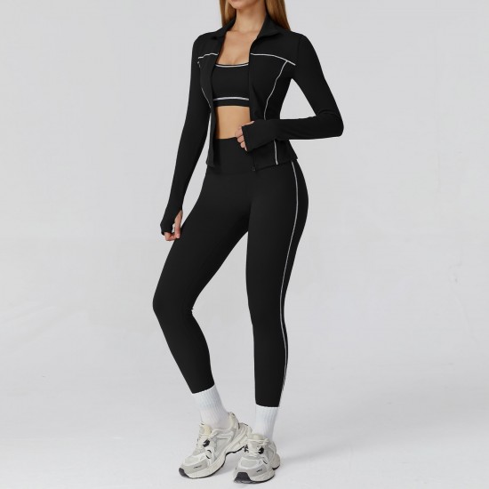 Hot Sale Sportswear Running Fitness Yoga Clothes Breathable Gym Sets With Full Zipper Jacket 3 Pcs Yoga Set for Women