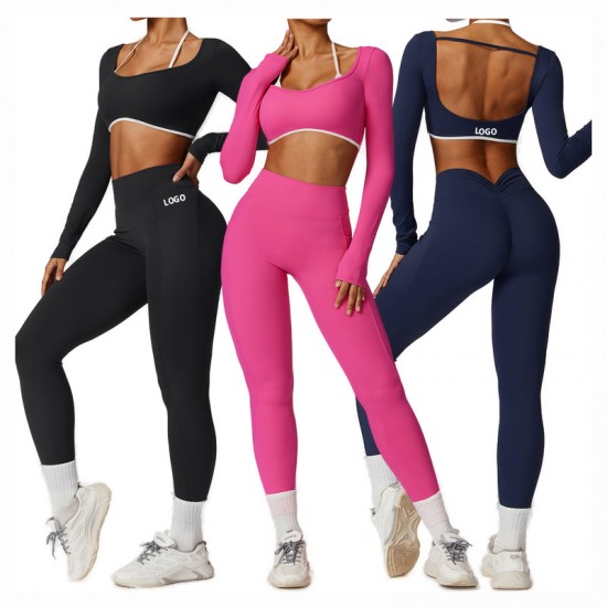 Sportswear Gym Clothes Sexy Long Sleeve 2 Piece Scrunch Leggings and Bra Set Workout Set Custom Yoga Fitness Women Yoga Set