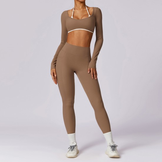 Sportswear Gym Clothes Sexy Long Sleeve 2 Piece Scrunch Leggings and Bra Set Workout Set Custom Yoga Fitness Women Yoga Set