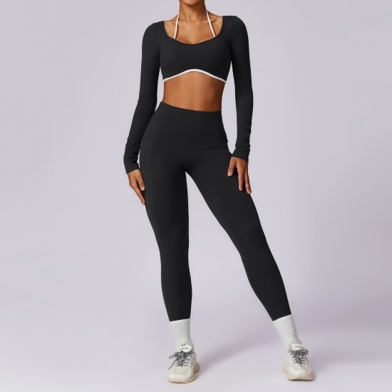 Sportswear Gym Clothes Sexy Long Sleeve 2 Piece Scrunch Leggings and Bra Set Workout Set Custom Yoga Fitness Women Yoga Set