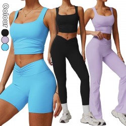 Custom Logo 2025 Gym Fitness Yoga Clothes Breathable Sports Tank Top Shorts Flared Pants Leggings Athletic Wear 4pcs Workout Set