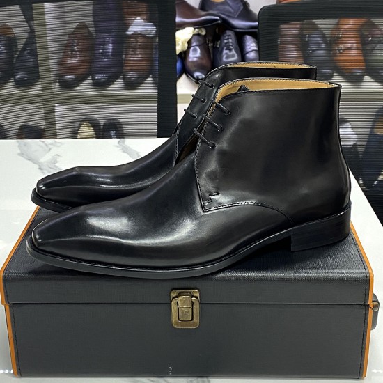 Drop Shipping  leather shoes cowhide business formal attire men's leather boots with laces Dress Shoes Midi Boot Height