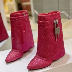 Fashion Wedge Heel Shiny Diamond Rhinestone Short Boots for Women Shoes Shark  Metal Lock Knee High Boots