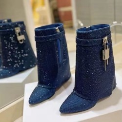 Fashion Wedge Heel Shiny Diamond Rhinestone Short Boots for Women Shoes Shark  Metal Lock Knee High Boots
