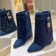 Fashion Wedge Heel Shiny Diamond Rhinestone Short Boots for Women Shoes Shark  Metal Lock Knee High Boots
