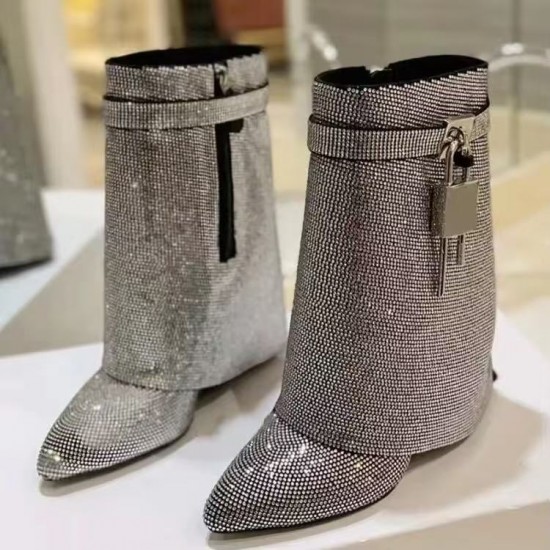 Fashion Wedge Heel Shiny Diamond Rhinestone Short Boots for Women Shoes Shark  Metal Lock Knee High Boots