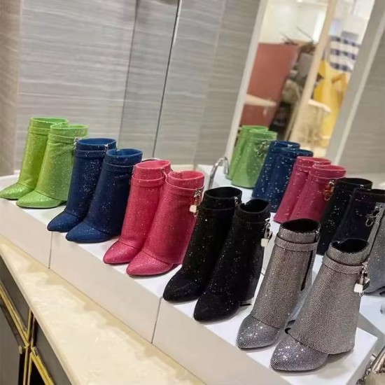 Fashion Wedge Heel Shiny Diamond Rhinestone Short Boots for Women Shoes Shark  Metal Lock Knee High Boots