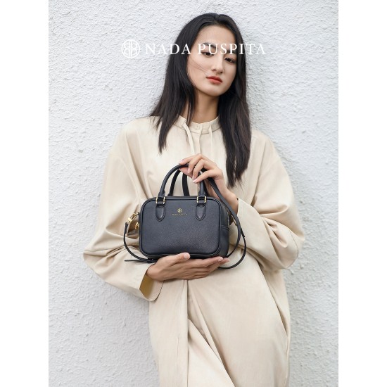 Nada Puspita Women's Autumn Fashion Open Closure Vegetable Tanned Leather Multi-Use Bag-Bowling Handbag Crossbody Briefcase