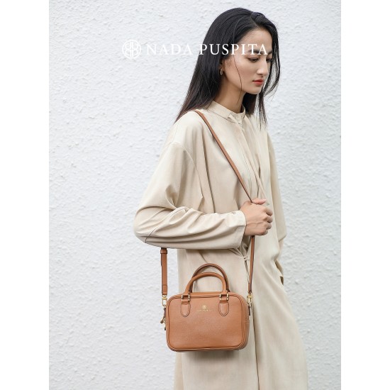 Nada Puspita Women's Autumn Fashion Open Closure Vegetable Tanned Leather Multi-Use Bag-Bowling Handbag Crossbody Briefcase