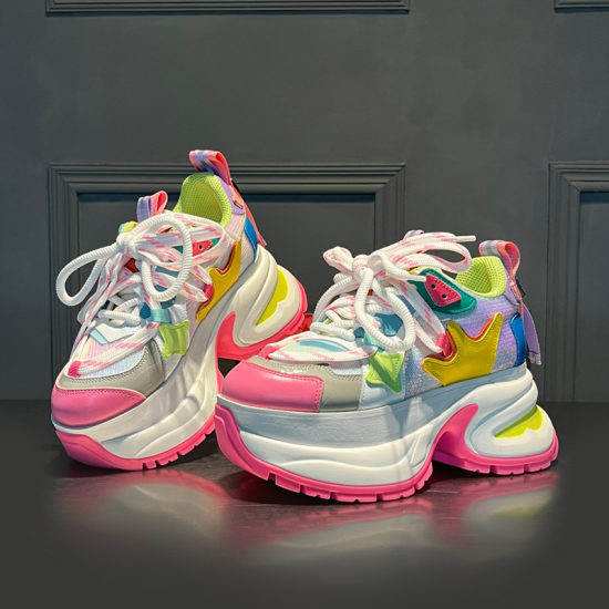 Europe Station 2025 Spring Super Hot Casual Shoes for Dad Rainbow Sole Genuine Leather Color Block Thick Sole Height Mesh