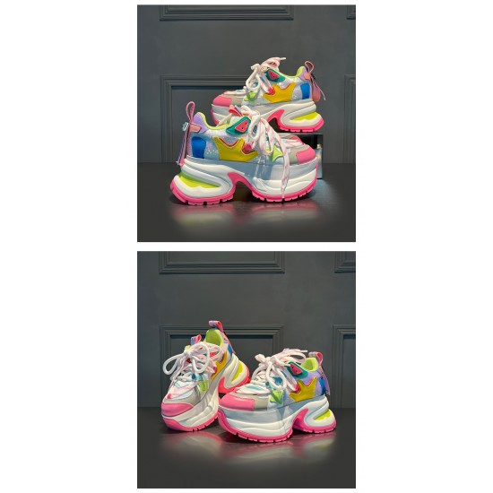 Europe Station 2025 Spring Super Hot Casual Shoes for Dad Rainbow Sole Genuine Leather Color Block Thick Sole Height Mesh