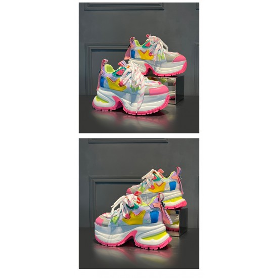 Europe Station 2025 Spring Super Hot Casual Shoes for Dad Rainbow Sole Genuine Leather Color Block Thick Sole Height Mesh