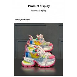 Europe Station 2025 Spring Super Hot Casual Shoes for Dad Rainbow Sole Genuine Leather Color Block Thick Sole Height Mesh