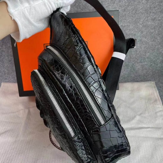 Factory Wholesale Men's Stylish Crocodile Leather Crossbody Bag Genuine Leather Chest Bag Zipper Casual Fashionable Design