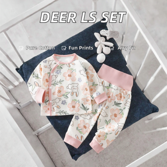LS Cute Deer Printing Long Sleeve Bodysuit Newborn Infant Solid 100% Cotton Clothes Sets 2 Pcs Top+ Pant Baby Outfit
