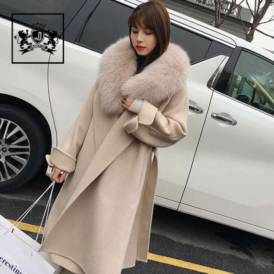 Janefur Winter Women Clothes Double Breasted Big Fur Collar Cashmere Wool Coat With Belt