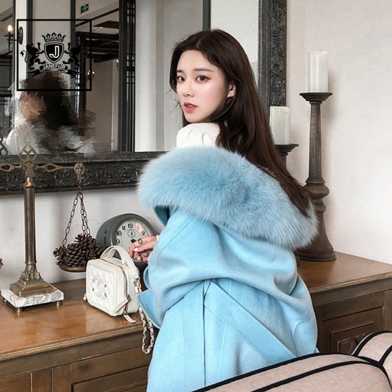 Janefur Winter Women Clothes Double Breasted Big Fur Collar Cashmere Wool Coat With Belt