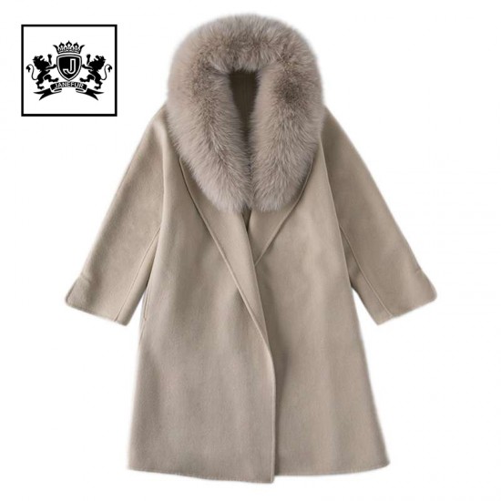 Janefur Winter Women Clothes Double Breasted Big Fur Collar Cashmere Wool Coat With Belt