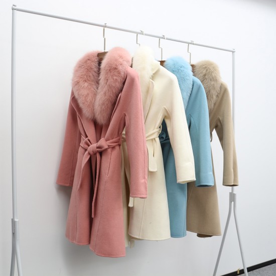 Janefur Winter Women Clothes Double Breasted Big Fur Collar Cashmere Wool Coat With Belt