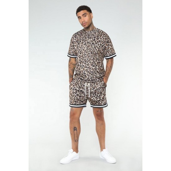 KY Leopard Printed Crew Neck Oversize Fit Short Sleeve Tee  Streetwear T Shirt and Shorts Set Man Clothes 2023