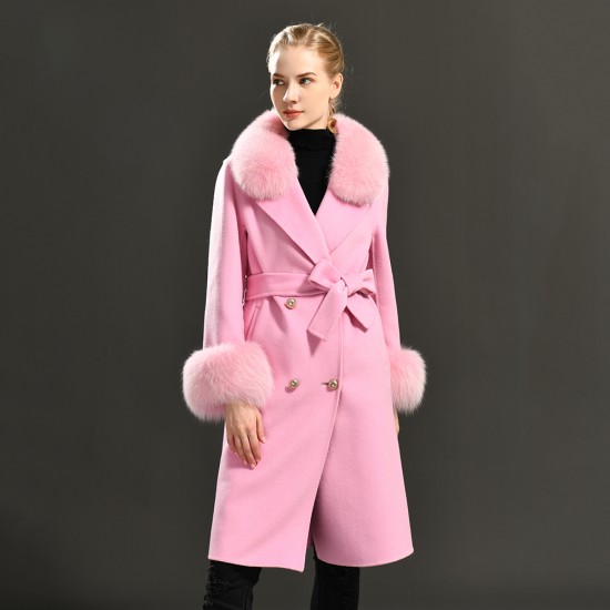 High Quality Europe Style Wholesale Price Women fox Fur Cashmere Wool Coat