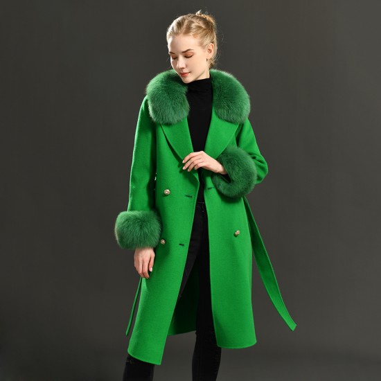 High Quality Europe Style Wholesale Price Women fox Fur Cashmere Wool Coat