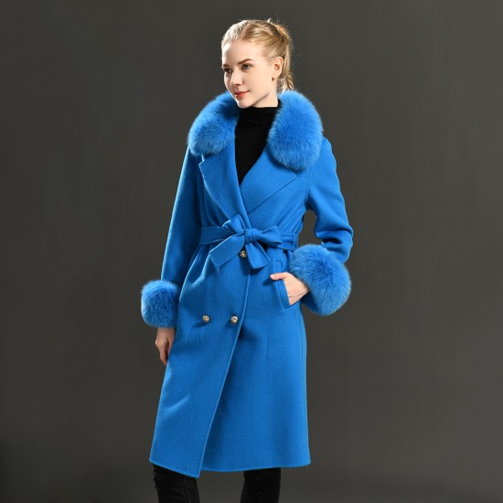 High Quality Europe Style Wholesale Price Women fox Fur Cashmere Wool Coat