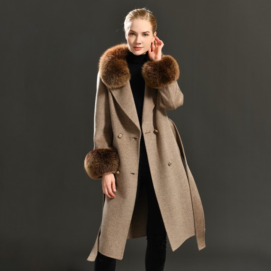 High Quality Europe Style Wholesale Price Women fox Fur Cashmere Wool Coat