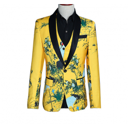 New Custom Men's Suit Vest Three-piece Ensemble Yellow Print Tuxedo