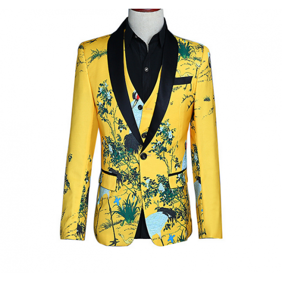 New Custom Men's Suit Vest Three-piece Ensemble Yellow Print Tuxedo