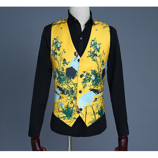 New Custom Men's Suit Vest Three-piece Ensemble Yellow Print Tuxedo